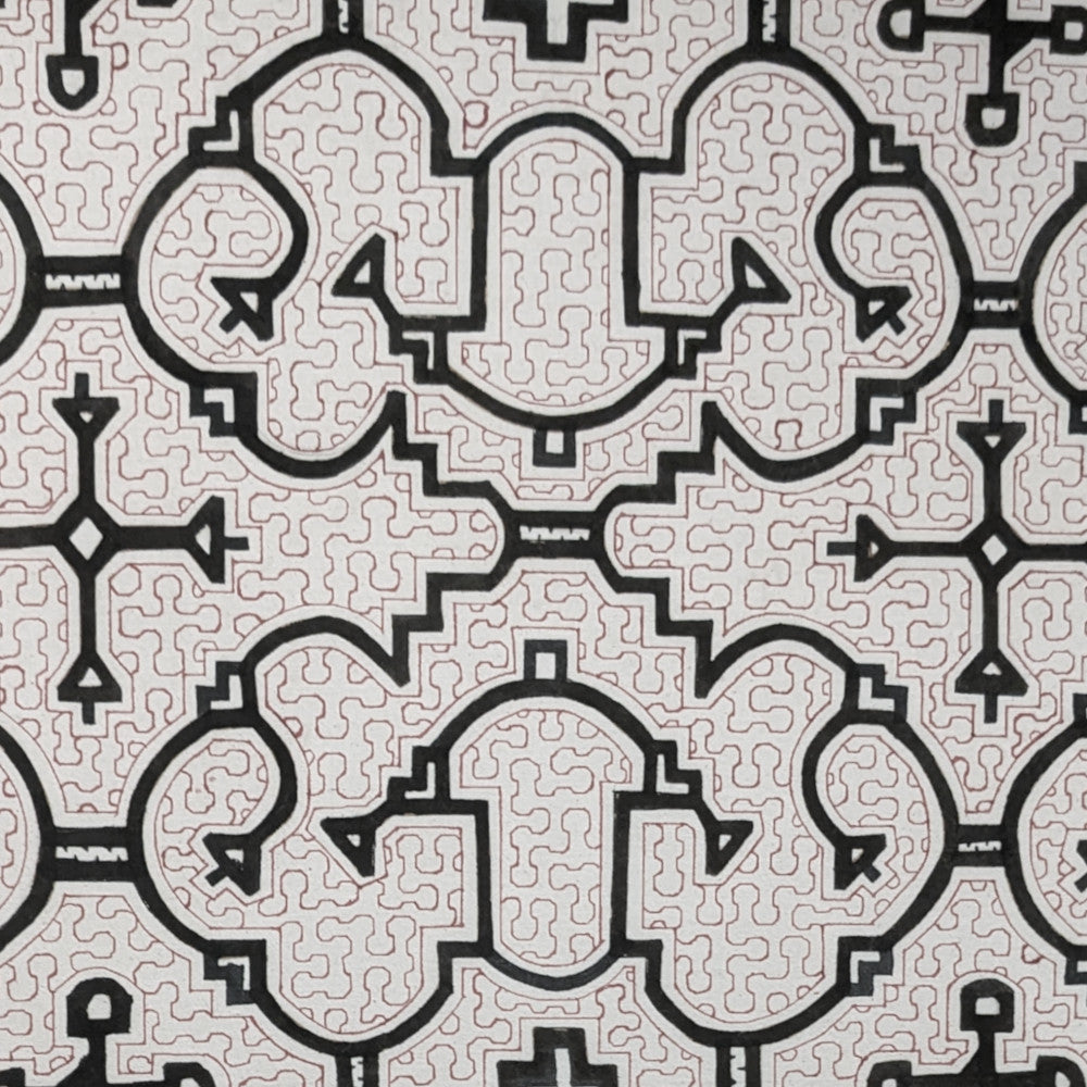 A geometric pattern made from black and red lines and shapes on a white background..