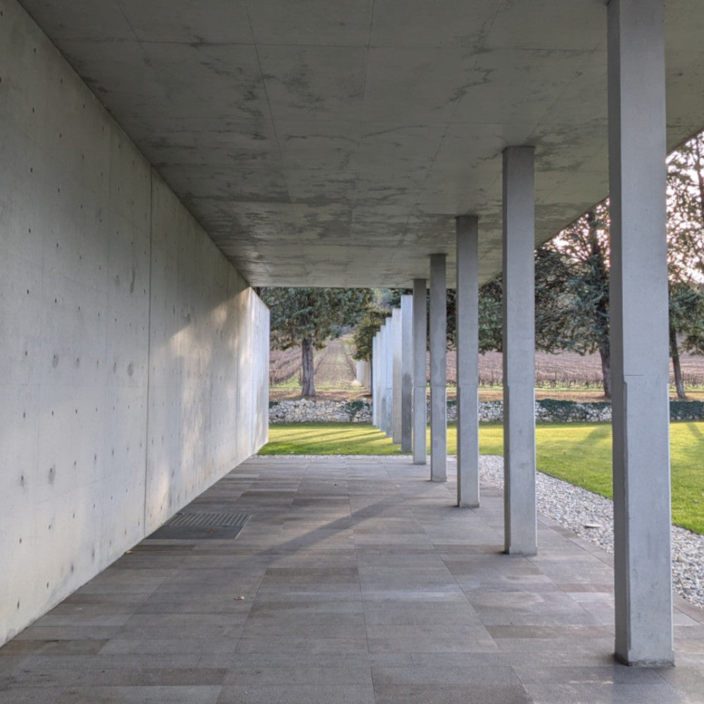 A modern architectural passage features concrete walls and columns, leading to a lush green landscape beyond.