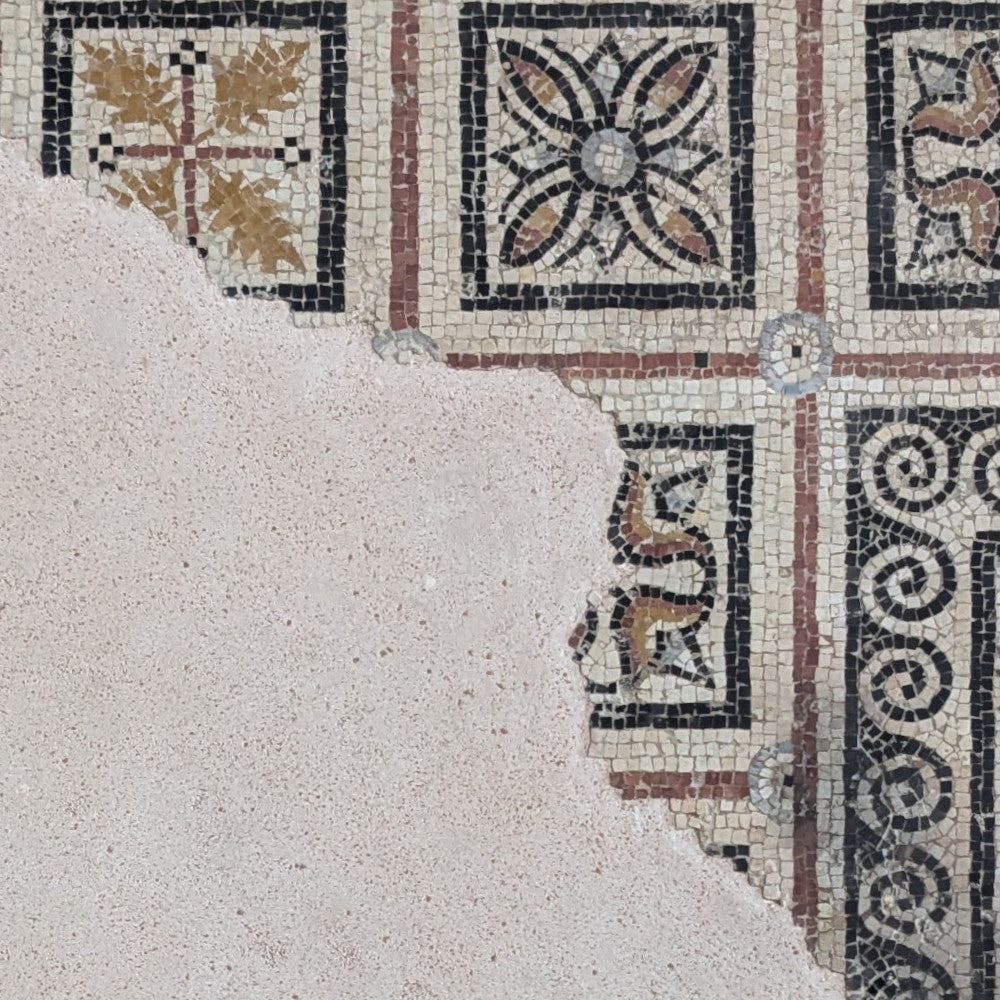 Fragment of an ancient mosaic showcasing intricate patterns, with a section missing, revealing beige plaster beneath.