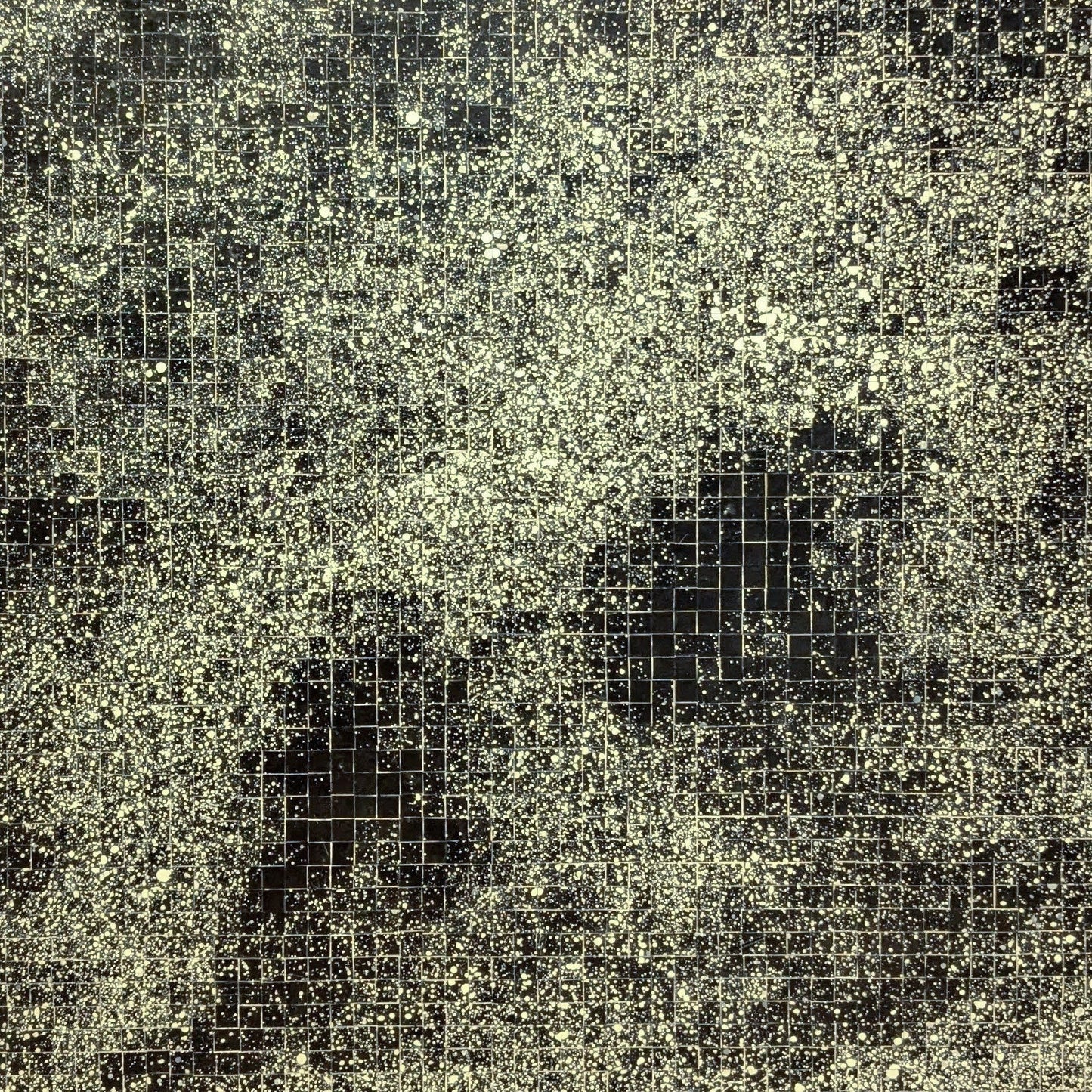 A textured black background covered with scattered white specks and a patterned grid, resembling a starry sky or cosmic scene.