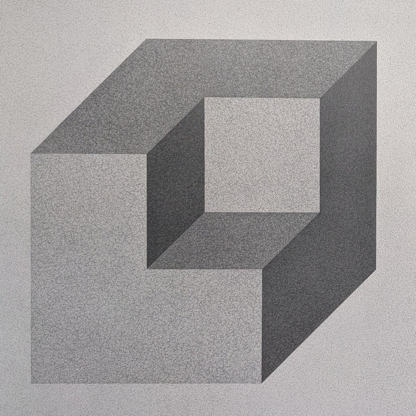 An abstract geometric artwork depicting a three-dimensional cube with a hollow section, rendered in varying shades of gray.