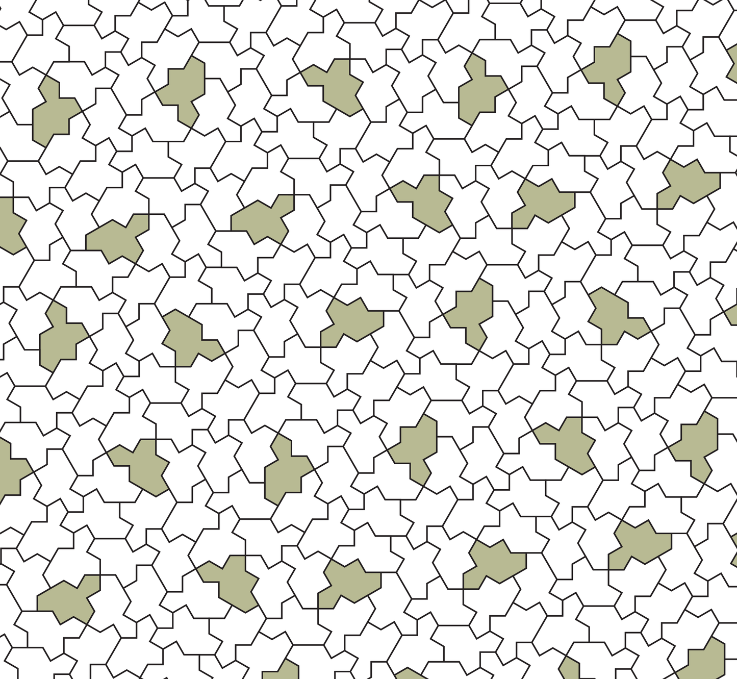 Abstract pattern of irregular shapes in white and muted green, outlined in black, creating a textured, dynamic mosaic effect.