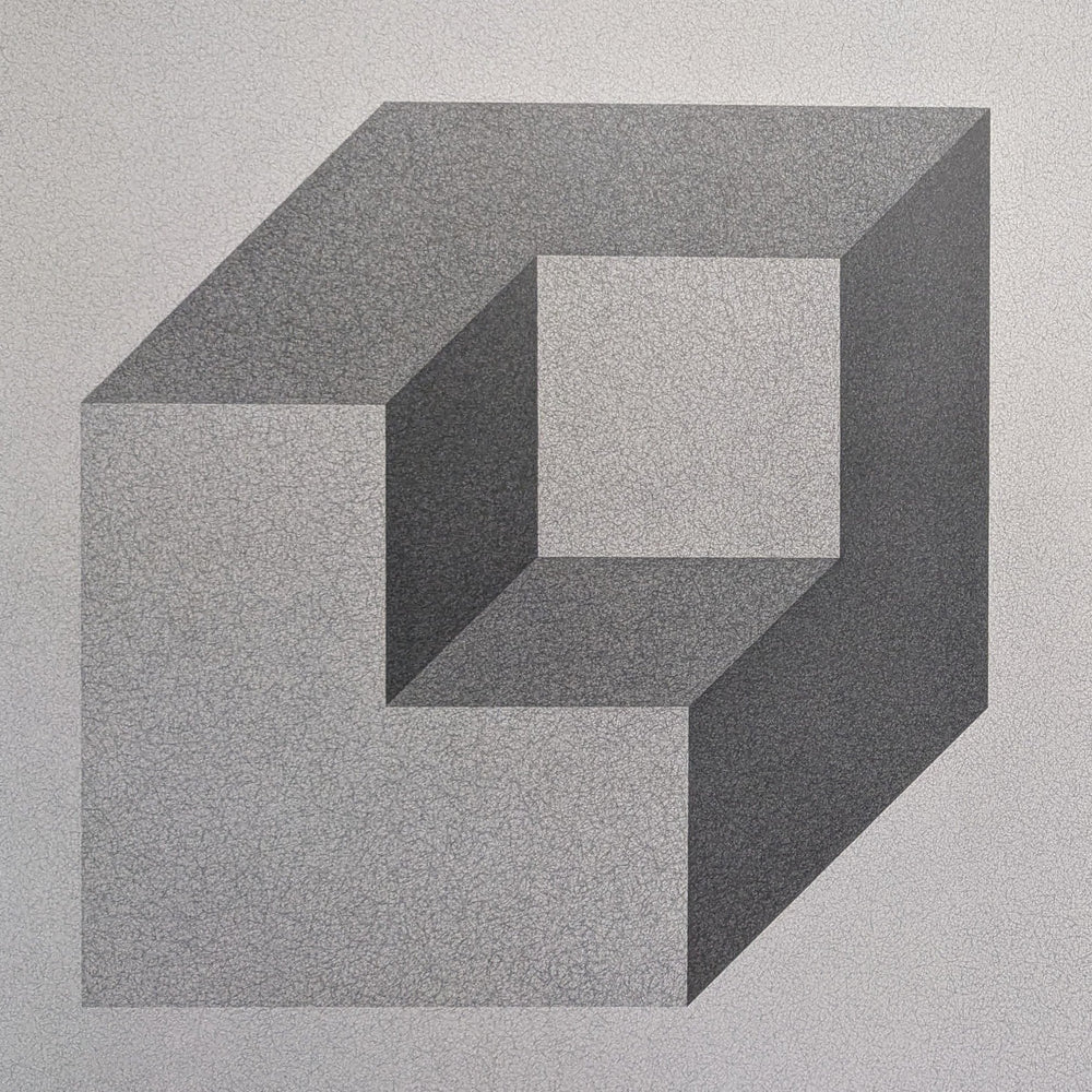An abstract geometric artwork depicting a three-dimensional cube with a hollow section, rendered in varying shades of gray.