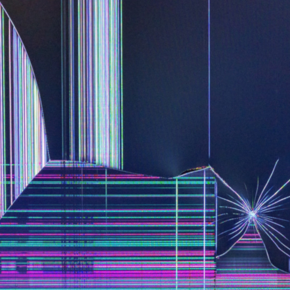 Close-up of a cracked screen displaying vertical lines and colorful distortions, indicative of significant damage to the display.