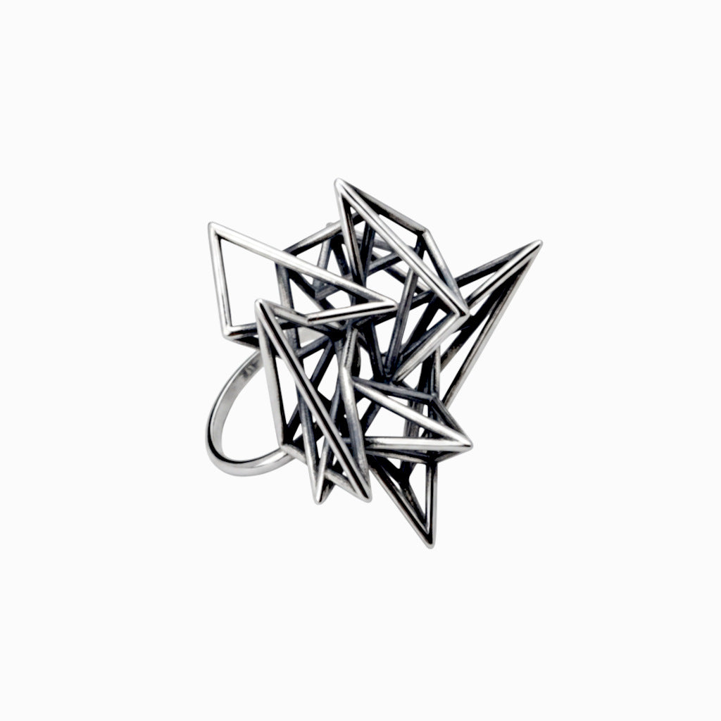 A silver geometric ring featuring an intricate, multi-pointed star and triangle openwork design, shown on a plain white background.