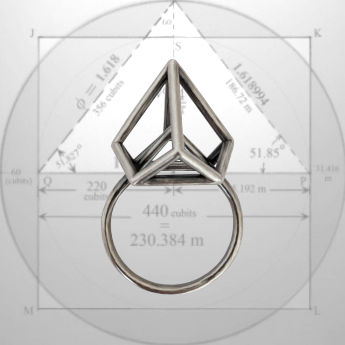 A silver geometric ring with a triangular top and circular band, centered over a faint white geometric diagram with dimensions and labels.