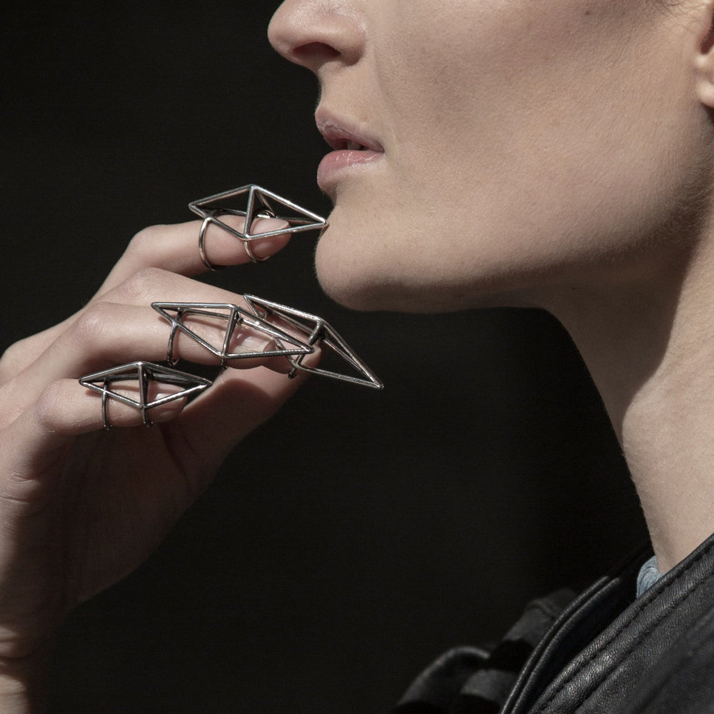 
                  
                    A close-up of a hand adorned with striking geometric metal rings, showcasing bold, artistic fashion.
                  
                