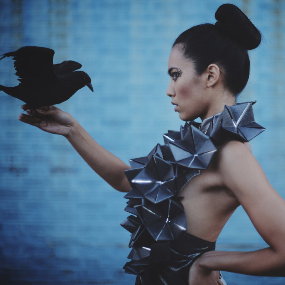 
                  
                    A person in a striking black origami-inspired outfit holds a raven against a soft blue background.
                  
                